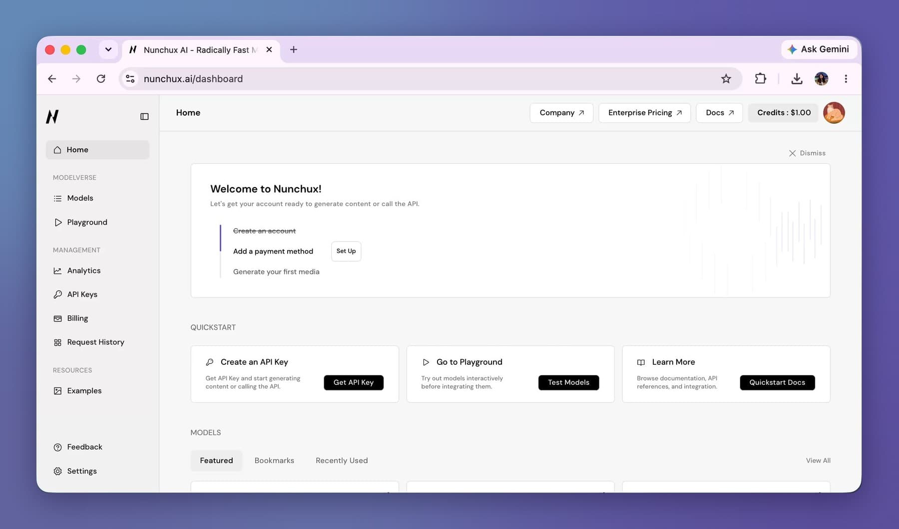 The Home screen: the three-step checklist, quickstart cards, and models below the fold