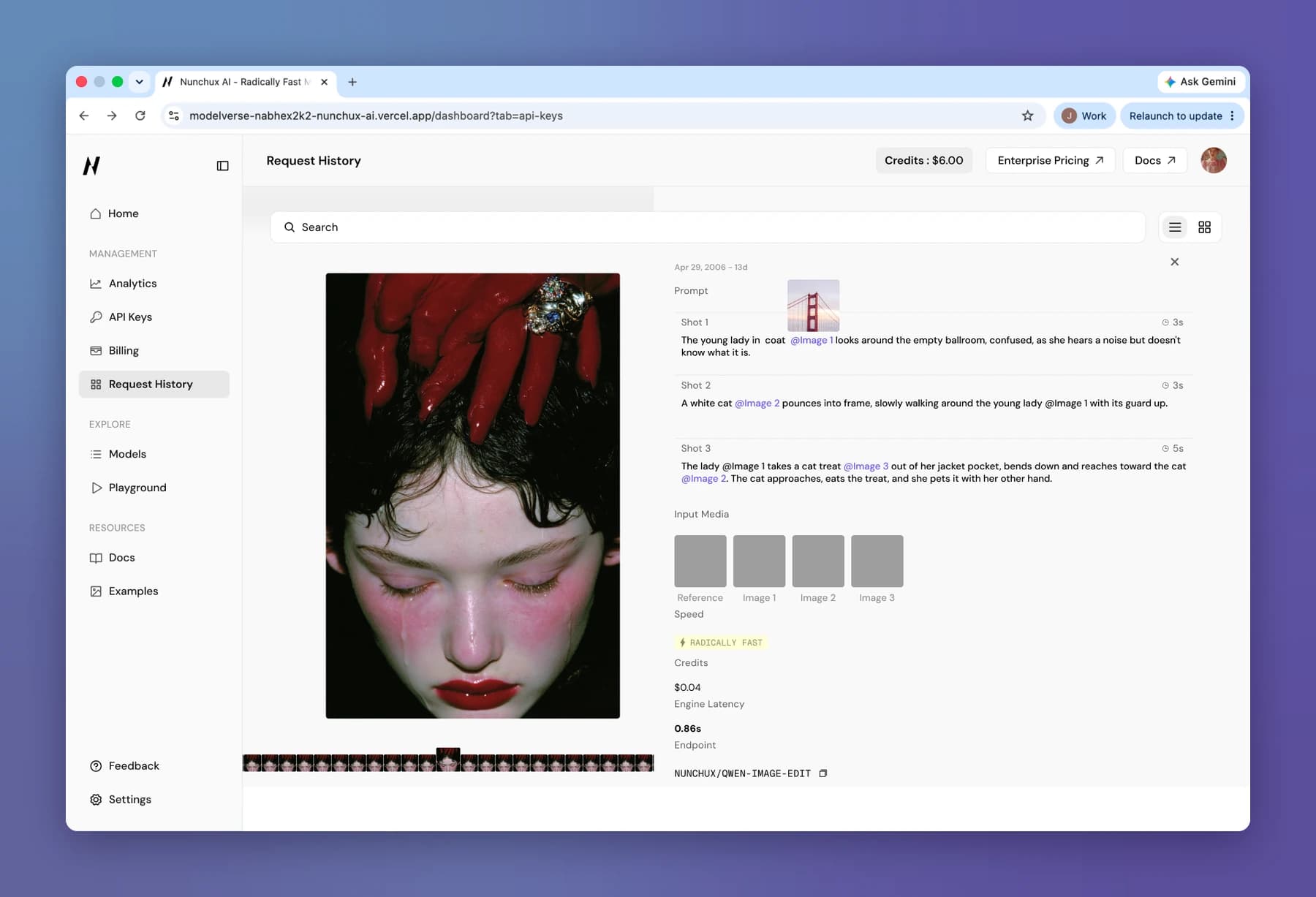 Hovering an @Image reference in a shot’s prompt shows a thumbnail of the image it points to