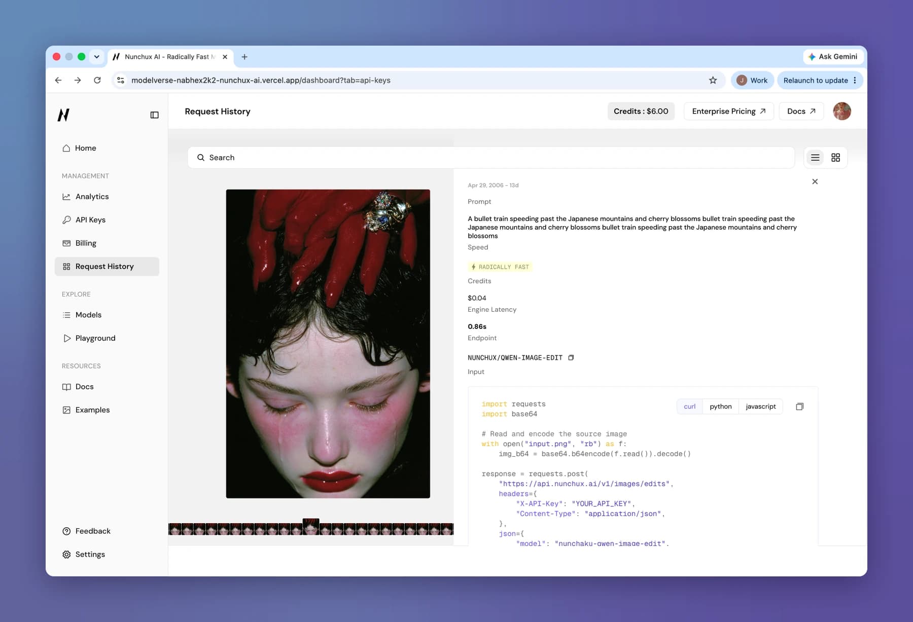 An output opened from the table: the image, its prompt, speed, credits, engine latency, endpoint, and the code to call it, with a filmstrip of the other requests underneath