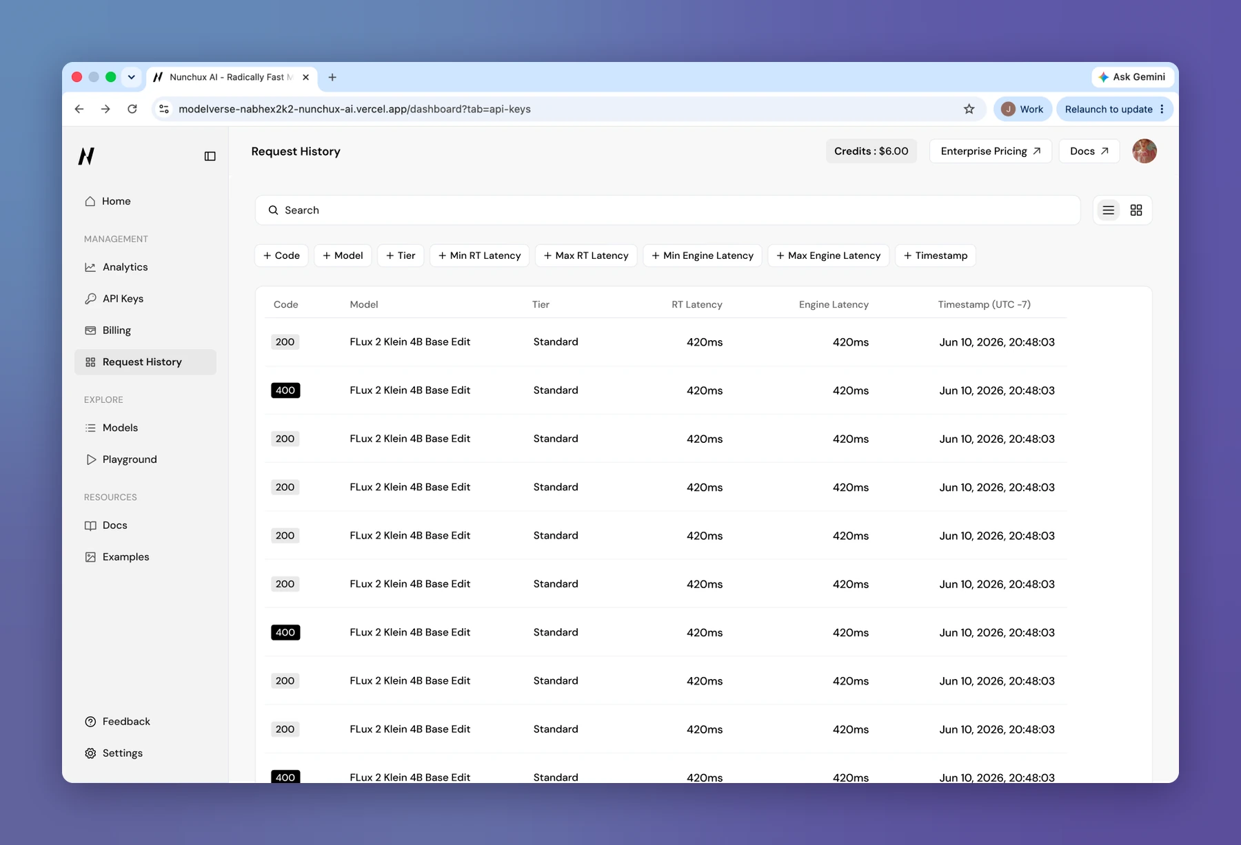Request History: every call in a table with its status code, model, tier, latencies, and timestamp