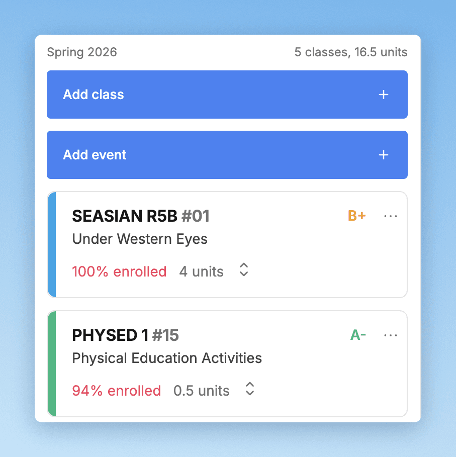 Two class cards: SEASIAN R5B, B+ average, 100% enrolled, 4 units; PHYSED 1, A- average, 94% enrolled, 0.5 units