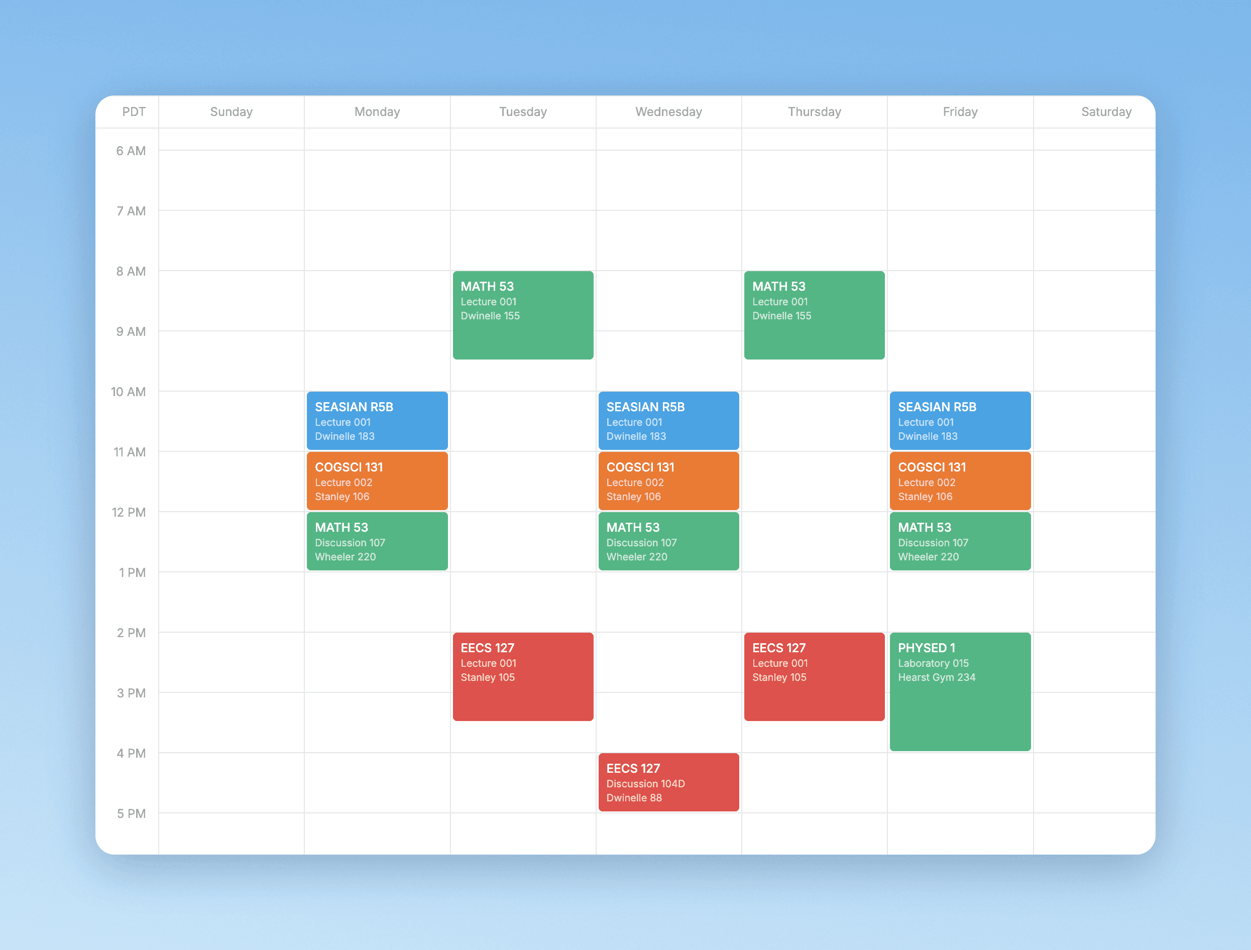 The weekly calendar: each class in its own color, with lectures, discussions, and labs labelled by room