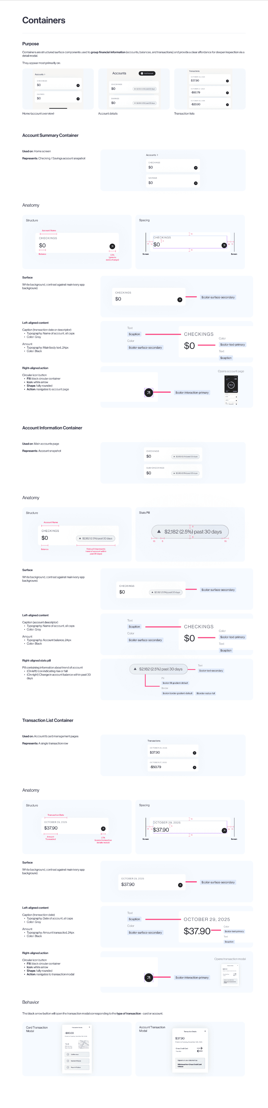 Annotated handoff spec for containers: account summary, account information, and transaction list, with anatomy and behavior