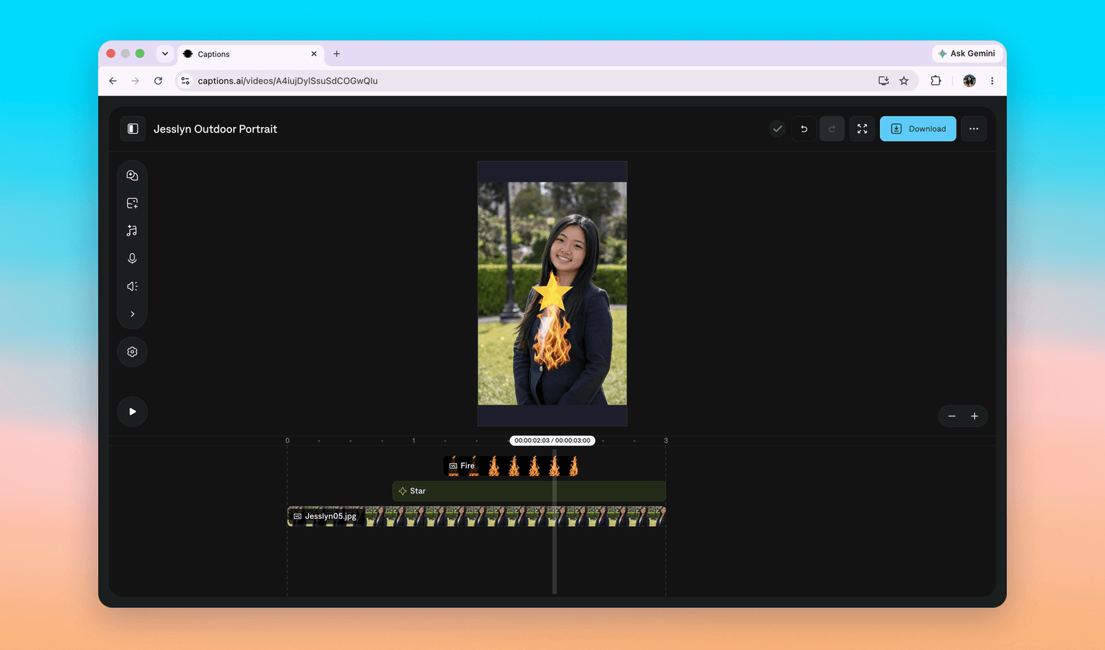 The editor with a group of elements on the timeline: a Fire effect, a Star, and a photo