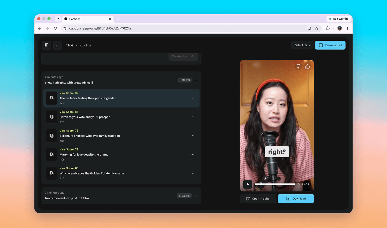 Clips results: a group of 5 clips ranked by Viral Score from 92 down to 65, each with a title and duration, a collapsed group of 21 clips below, and the selected clip playing on the right